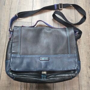 Mywalit Leather Messenger Bag Black Blue Contrast Stitching Travel Work Commute